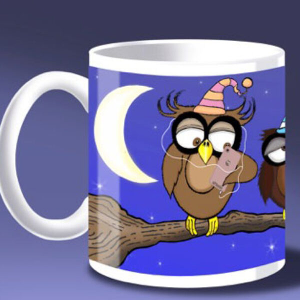 wuthering hoots cartoon owl mug design nezzydesign