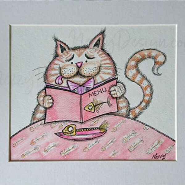 Dining Cat - Signed Pen & Watercolour Print by Nezzy