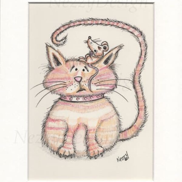 Cat and Sleeping Mouse - Original cartoon watercolour artwork by Nezzy