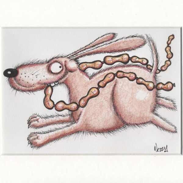 Dog with a string of sausages - Original cartoon watercolour artwork by Nezzy