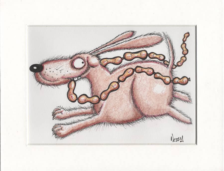 Dog thieving sausages – Signed Pen & Watercolour Print by Nezzy