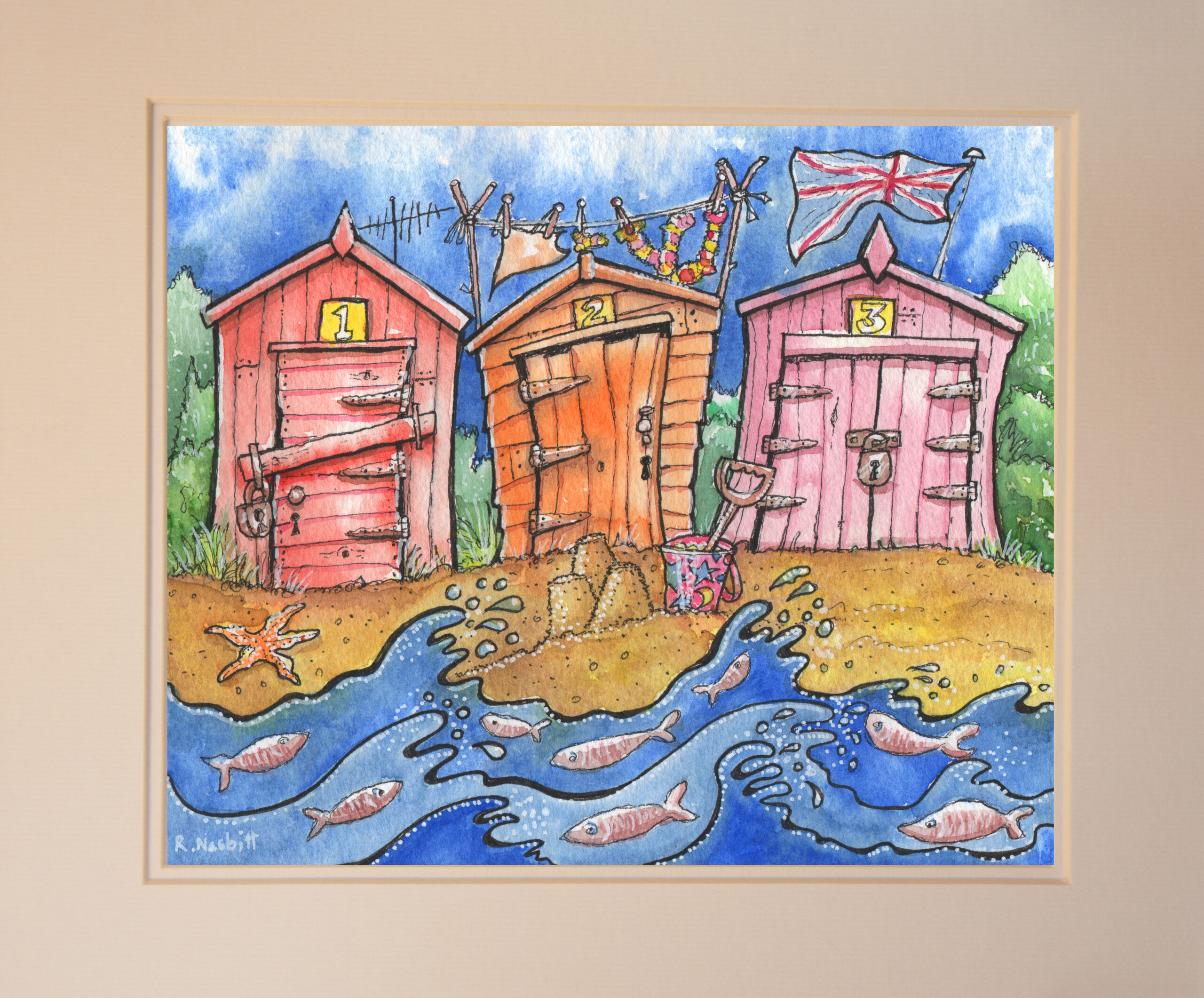 Three Beach huts – Original Artwork - Pen, Ink and Watercolour